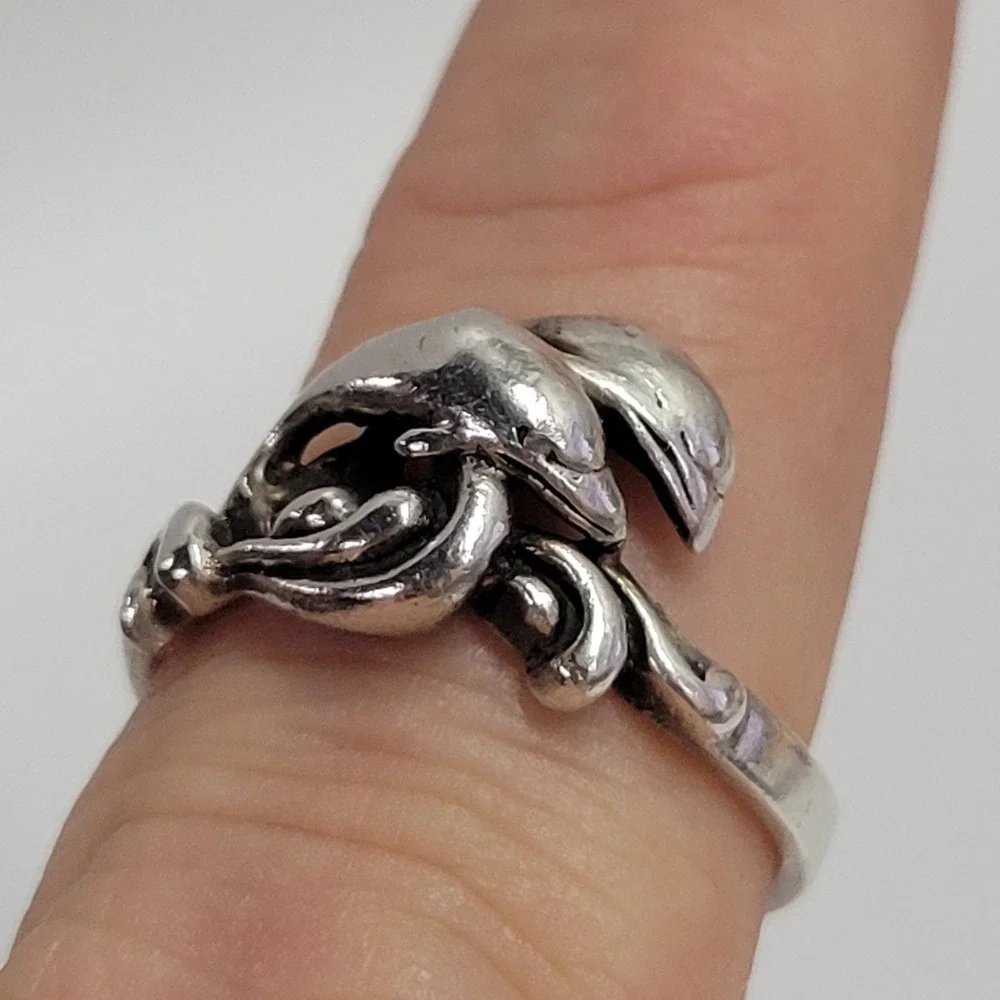Vtg 925 Sterling Silver Double Dolphin Bypass Ring Size 7.25 Nautical Ring 3.3g